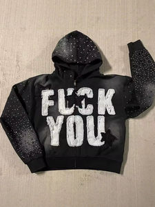 Sweat à capuche oversize personnalisable en coton 100% délavé noir avec fermeture éclair, style streetwear, lettres en strass, haute qualité pour homme - Product Image 2