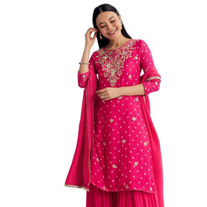 Vente en gros rouge Chinon asymétrique Kurta Palazzo costume avec broderie pour fête de fête porter réception de mariage et les commandes personnalisées - Product Image 5