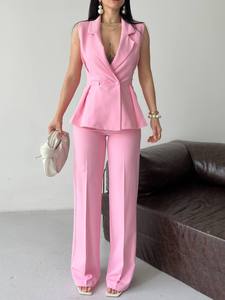 Ensemble de costume rose pour femme, blazer sans manches avec boutons, pantalon long, tenue de cérémonie, style printemps, col cranté, tissu satiné - Product Image 3