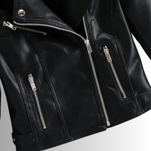 Chaqueta de cuero de piel de cordero negra elegante y ajustada para mujer, diseño de Moto clásico de cuero genuino suave para otoño - Product Image 3