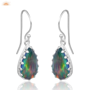 Trendy Aurora Opal <b>Red</b> Green Pear Shape 925 Sterling Silver Wedding Earrings Handmade Designer Earrings - Product Image 2