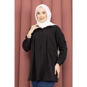 Haut décontracté pour femme Alin, taille ajustable, boutonné, design simple, tissu en satin popeline tricoté, taille XL - Noir pour le printemps et l'automne - Product Image 2