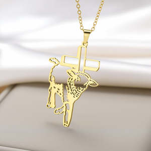 Pendentif mouton mignon en argent sterling 925, mouton ajouré, croix, plaqué or 14 carats, bijoux cadeaux pour femmes et hommes - Product Image 1