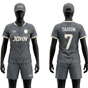 เสื้อฟุตบอลหญิง โพลีเอสเตอร์ อินเตอร์ล็อค สีเทา-ทอง ลายเชฟรอน ระบายอากาศได้ดี ซับเหงื่อ  รับสกรีนโลโก้ตามแบบ - Product Image 1