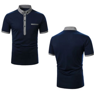 Polo à col montant de couleur bleue unie, coupe ajustée, poche à patte contrastée, style boutonné à manches courtes, t-shirts polo pour hommes - Product Image 4