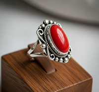 Bague en pierre précieuse de corail rouge |   Pierre naturelle sertie dans un cadre |   Zingué noir |   Certifié |   Bague tendance pour femme, style bohème, guérison spirituelle
