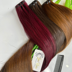 Sun Hair Company Color personalizado Marrón Vino Rojo Verde Musgo Trama doble dibujada Paquetes de cabello Extensiones de cabello humano vietnamita crudo - Product Image 1