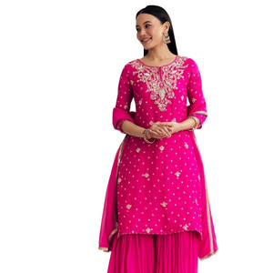 Abito Sharara in seta rossa Dola con stampa ricamata per nozze Mehndi Sangeet all'ingrosso cerimonie Festive e personalizzato etnico - Product Image 1