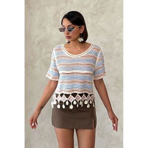 Blusa de Malla Naranja para Mujer Topshow con Detalle de Pompones, Tejido de Algodón a Rayas, Estilo Casual para Uso Diario - Product Image 1