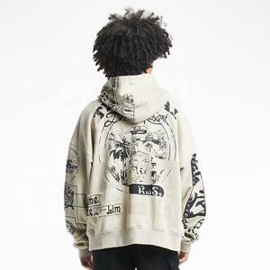 Personnalisable Vintage All-Over Print Hommes Sweat 100% Coton Hiver Beige Polaire À Capuche avec Fermeture Éclair Bidirectionnelle Style Coréen - Product Image 5