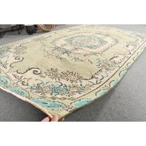Alfombra turca Vintage Beige Azul 5,2 X 8.6ft Pelo de felpa hecho a mano Altura Estilo Tabriz Rectangular Patchwork Látex Lana Poliéster - Product Image 5