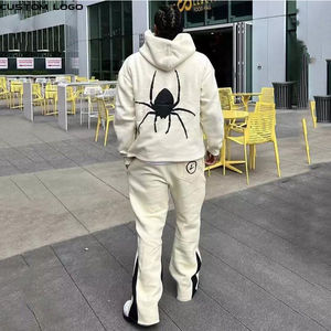 Custom <b>Cotton</b> Print Cut <b>Raw</b> Hem Edge Hoodie Patchwork Sets Men Tracksuit Lightweight Stacked Flared Men Two Pieces Winter Casual - Product Image 3