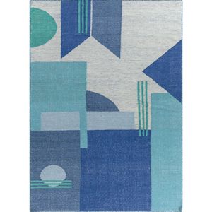 พรมขนสัตว์ทอลายตารางสีน้ำเงิน ทำด้วยมือ รูปทรงสี่เหลี่ยมผืนผ้าขนาดใหญ่ ลายแบบนามธรรม สำหรับห้องนอนและห้องนั่งเล่น ADWL-13094 - Product Image 1