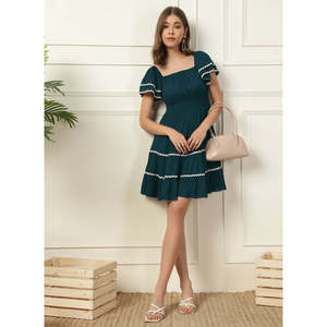 Deebaco Women's Teal Blue Solid A-Line Lace-Up Tiered Mini <b>Dress</b> With Ruffle Sleeve Square Neck Casual Summer Style - Product Image 1