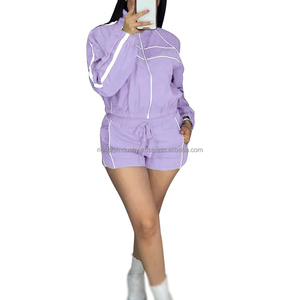New Trendy 2-Piece Outfits for Women Long Sleeve <b>Zip</b> Windbreaker Jacket & <b>Shorts</b> Contrast Color Y2K for Lounge Tracksuit Set - Product Image 3
