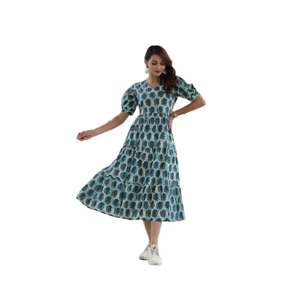 Robe d'été et de printemps pour femmes, en coton 100% écologique indien, imprimé à la main, col en V, vintage, bohème, plage, longueur genoux - Product Image 1