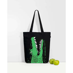 Sac fourre-tout noir avec fermeture éclair et logo crocodile imprimé, doublure en polyester, décoration brodée, sac de plage en coton et polyester - Product Image 5