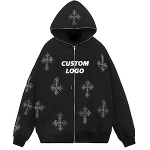 Sudadera con capucha para hombre con estampado de logotipo personalizado y cremallera con diamantes de imitación en relieve, cremallera completa de gran tamaño hecha de forro polar francés - Product Image 5