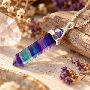 Fluorite Rainbow Crystal Point Necklace Pencil Pointed Shape Multicolor Gemstone 925 Sterling Silver Layered Colour Translucence - Product Image 2
