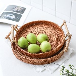 Handmade Decorative Rattan Jute <b>Serving</b> <b>Tray</b> With Bone Inlay Finishing Set of 3 <b>Rounded</b> Shape Food Server <b>Tray</b> - Product Image 5
