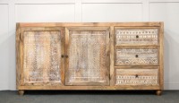 Buffet rustique en bois de manguier massif, sculpté et vieilli, avec deux portes et trois tiroirs, style contemporain, pour salle à manger, salon, cuisine, chambre