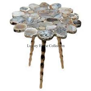Table d'appoint en agate marbre fleur design avec pieds torsadés couleur or brillant miroir poli meubles faits à la main - Product Image 1