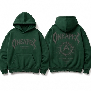 Sudadera con Capucha para Hombre, Verde Oscuro, Estilo Desgastado, Oversize, de Algodón Grueso, con Estampado Gráfico, Estilo Urbano, con Logotipo Personalizado - Product Image 2