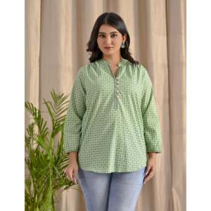 Blusa de Algodón Popelina de Alta Calidad para Mujer, Color Verde Pastel, Estilo Barik Butti con Botones Delanteros, Talla Única y Opciones de Talla XL Disponibles - Product Image 5