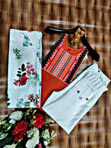 เสื้อพิมพ์ลายเรยอนยาวกลางสำหรับผู้หญิงพร้อมกางเกง salwar และ dupatta ดีไซน์ทันสมัยล่าสุดสำหรับเด็กผู้หญิง - Product Image 2