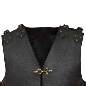 Gilet en cuir véritable pour homme, col en V, style motard, avec poches et boucles en laiton, vêtement d'extérieur pour l'automne - Product Image 6