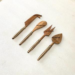 Hot Arrival Custom Logo Wood & Wicker Handle 4Pcs <b>Cheese</b> <b>Set</b> Use for Travelling Wholesale New Design Handmade Cutlery <b>Cheese</b> <b>Set</b> - Product Image 1