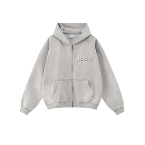 เสื้อมีฮู้ดระบายอากาศผ้าฟลีซโพลีเอสเตอร์/ คอตตอนซักได้แบบหลวมๆมีซิปพิมพ์ลายโลโก้ OEM - Product Image 3