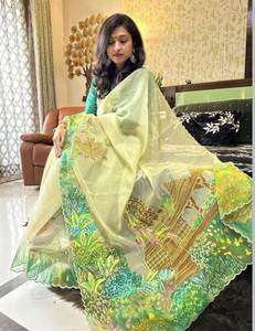 Vente en gros KUNJ CREATION Organza soie Saree Aari travail moderne imprimé floral pour les femmes fête Festival Occasion pas cher - Product Image 3