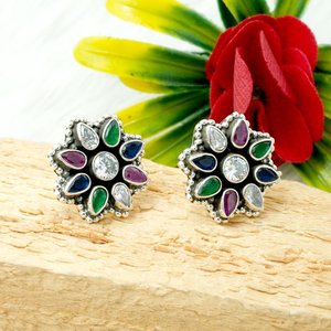 925สเตอริ่งเงินธรรมชาติหลายอัญมณีดอกไม้ต่างหูกุหลาบเครื่องประดับทองสำหรับวันครบรอบของเธอเป็นของขวัญ - Product Image 1