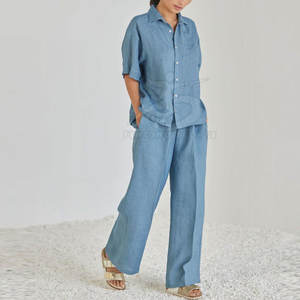 Conjunto de Dos Piezas de Algodón Casual Transpirable con Botones, Camisa y Pantalones de Cintura Alta para Mujer, Ropa de Calle Diaria - Product Image 2