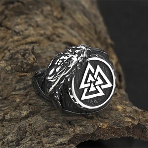 yunnique Viking-inspired Men's <b>Titanium</b> Steel <b>Ring</b> with Raven Edge & Triangle Logo Design - Product Image 3