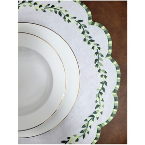 Custom Embroidery Design Round <b>Placemat</b> for Home Restaurant High Quality <b>Linen</b> Embroidery Scallop Border Mats Table Decoration - Product Image 3