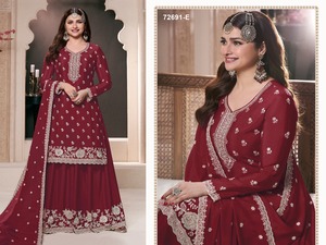 Vente en gros de trois pièces de vrais costumes de chinon pour adultes pakistanais et indiens Salwar Kameez fabriqués à partir de tissu de robe en filet - Product Image 2