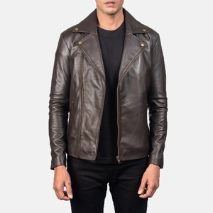 Chaqueta de Motociclista de Piel de Cordero Genuina Marrón Oscuro para Hombre, Cierre Asimétrico, Invierno, Ecológica, Transpirable, Ajustada - Product Image 1