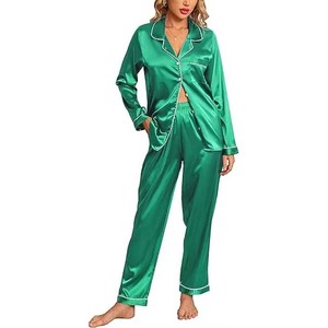 Pijamas elegantes para mujer, ropa de salón con cuello vuelto, satén de seda, venta al por mayor, ropa de dormir ligera y transpirable de manga larga para mujer - Product Image 4