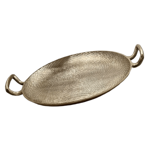 ถาดรองเสิร์ฟทรงกลมทำจากทองเหลืองหรูหราพร้อมด้ามจับคู่และพื้นผิวแกะสลักเครื่องเสิร์ฟสไตล์โบราณ - Product Image 1