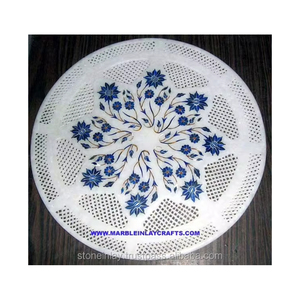 Plaque ronde de design floral en incrustation de marbre blanc faite à la main avec un travail de sculpture avec une finition fine pour cadeau d'entreprise et décoration intérieure - Product Image 1