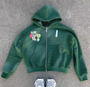 Ropa de calle personalizada para Hombre Sudaderas con capucha de gran tamaño 440gsm francés Terry Rhinestone Sun Faded ácido lavado parche desgastado 3D bordado largo - Product Image 4