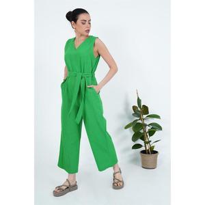 Lustrin Women's Green Cotton Blend <b>Jumpsuit</b> <b>with</b> Zipper Back and Belted Waist for Wholesale - Stylish and Comfortable - Product Image 1