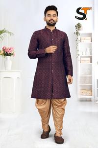 Maruti moda hombres Manyavar estilo nuevo diseño Indowester tela pesada Jacquard en relieve Kurta terciopelo Dhoti boda fiesta desgaste - Product Image 2