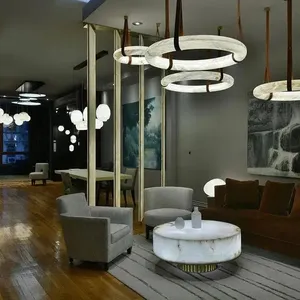 Customization Fixture Living Room Dining Room Bedroom Modern Marble Ring Minimalist Alabaster Brass LED Chandelier