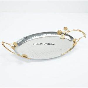 Oval Shape Heavy Duty Metal Hammered Texture Silver Finishing Shiny <b>Mirror</b> Polished <b>Tray</b> <b>With</b> Gold Plated Leaves Design Handle - Product Image 1