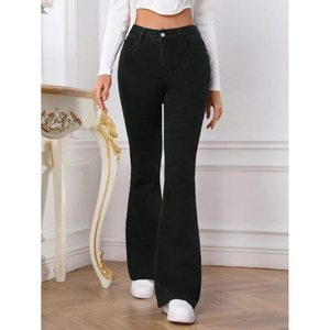 Vaqueros de mezclilla negros de estilo vintage a la moda para mujer, corte ajustado, cintura alta, corte de bota, 100% algodón, transpirables, tallas 26-40 - Product Image 5