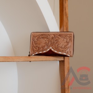 100% Genuine Leather <b>Wallet</b> With Buck Stitch Western Hand Tooled Leather <b>Clutch</b> High Quality Credit Card Wristlet Luxury <b>Wallet</b> - Product Image 4