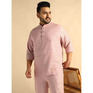 Amanush <b>Men's</b> Pink Handloom Texture Plaid Cotton Plus Size <b>Kurta</b> For <b>Men</b> With Mandarin Collar And Three Quarter Sleeves - Product Image 1
